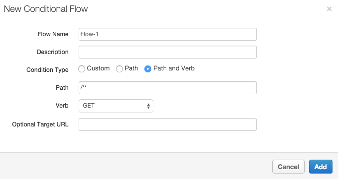 No painel Novo fluxo condicional, o fluxo tem o nome Flow-1 e o tipo de condição,
    caminho e verbo estão configurados.