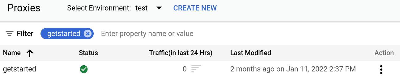 Muestra una lista de proxies de API. El estado de implementación de getstarted es verde.