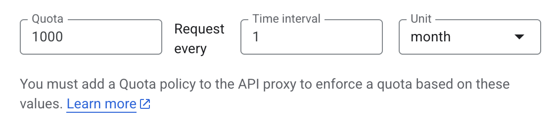 API product details showing Quota field