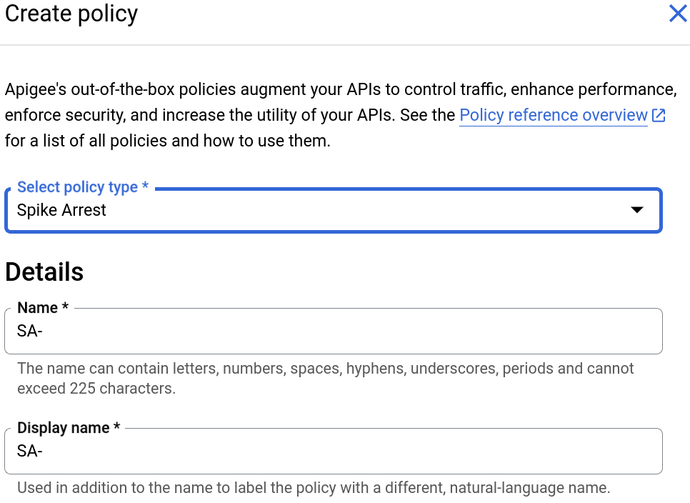 Caixa de diálogo Criar política.