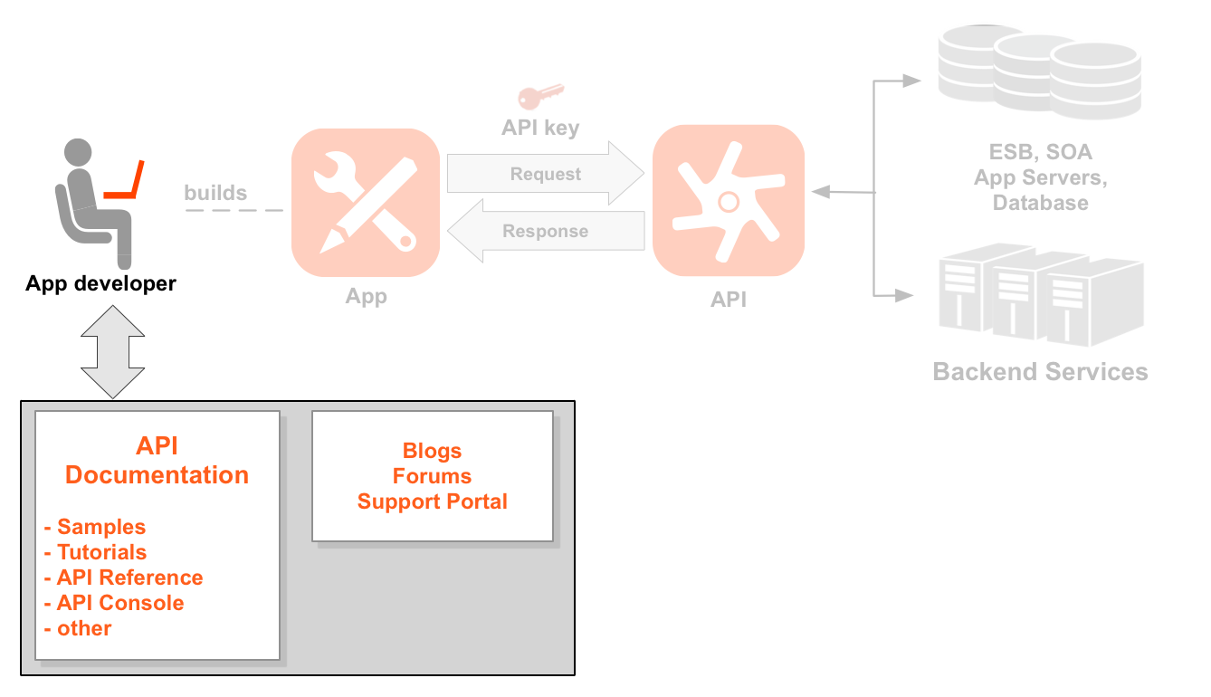 Un diagramma di sequenza da sinistra a destra che mostra uno sviluppatore, un&#39;app, API e servizi di backend. L&#39;icona dello sviluppatore è evidenziata. Sotto lo sviluppatore c&#39;è una casella che
    rappresenta un portale per sviluppatori. Il portale contiene documentazione, esempi, tutorial,
    riferimenti e altro ancora per le API. Il portale contiene anche blog, forum e un portale di assistenza.
    Una linea punteggiata punta dallo sviluppatore evidenziato a un&#39;icona di un&#39;app creata dallo sviluppatore. Le frecce che vanno e tornano dall&#39;app mostrano il flusso di richiesta e risposta a un&#39;icona API,
    con una chiave dell&#39;app posizionata sopra la richiesta. Sotto l&#39;icona dell&#39;API si trovano due insiemi
    di percorsi delle risorse raggruppati in due prodotti API: prodotto Location e prodotto Media.
    Il prodotto Località ha risorse per /countries, /cities e /languages, mentre il prodotto Media
    ha risorse per /books, /magazines e /movies. A destra dell&#39;API si trovano le
    risorse di backend che l&#39;API chiama, tra cui un database, un bus di servizio aziendale, server
    di app e un backend generico.