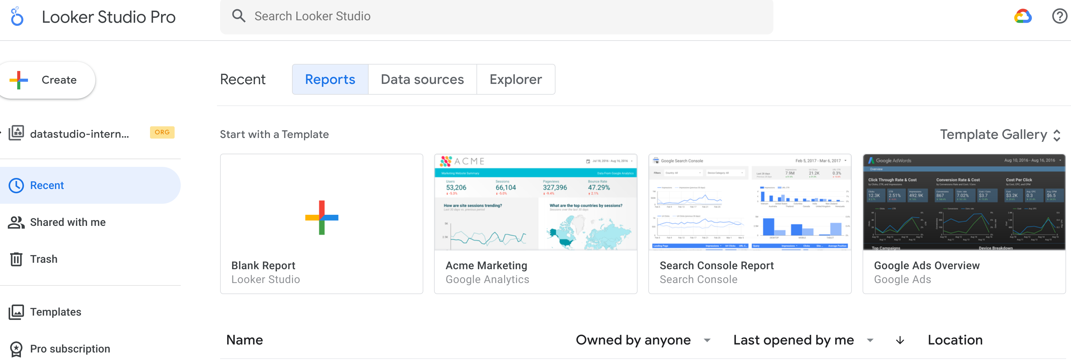 Pagina principale di Data Studio.