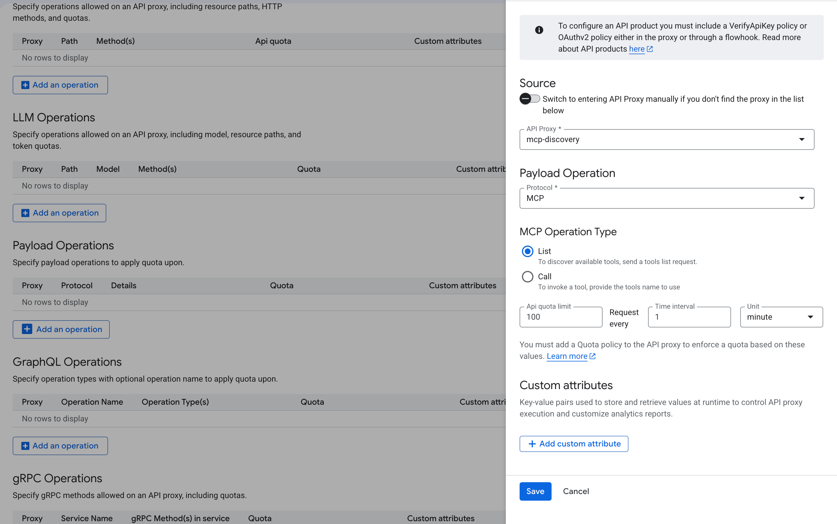 The API product creation UI showing the Payload Operation panel with API Proxy set to mcp-discovery, Protocol set to MCP, and MCP Operation Type options for List and Call with quota configuration.