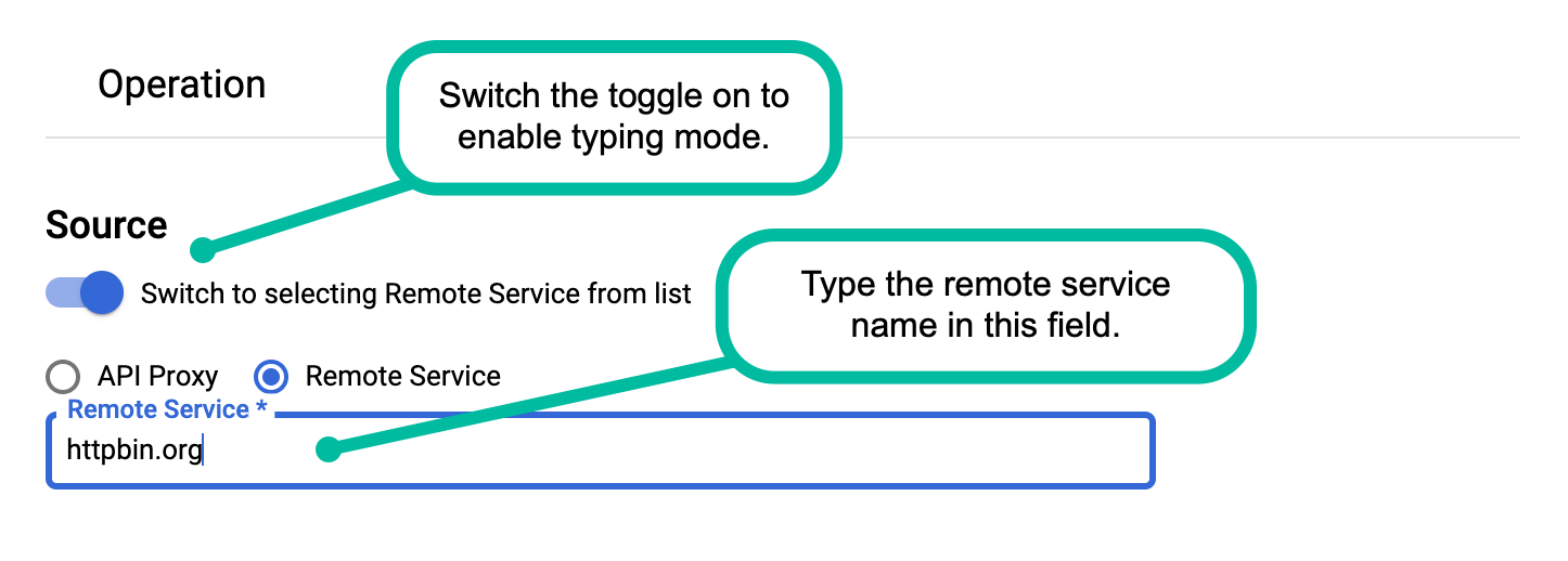 Il pulsante di opzione Servizio remoto è selezionato, l&#39;attivazione dell&#39;inserimento manuale del testo è abilitata e il servizio remoto httpbin.org è inserito nel campo Servizio remoto.