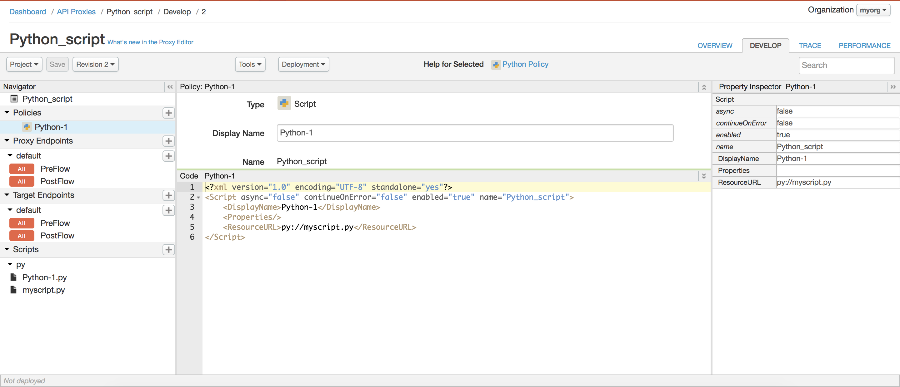 Sezione Script del riquadro di navigazione dell'editor proxy API.