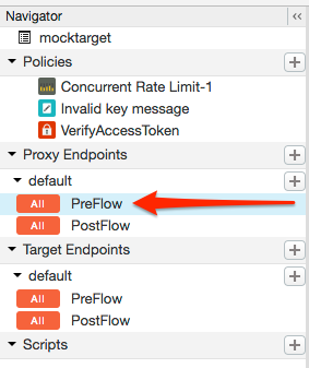 Selecciona PreFlow en un endpoint de la lista Proxy Endpoints.