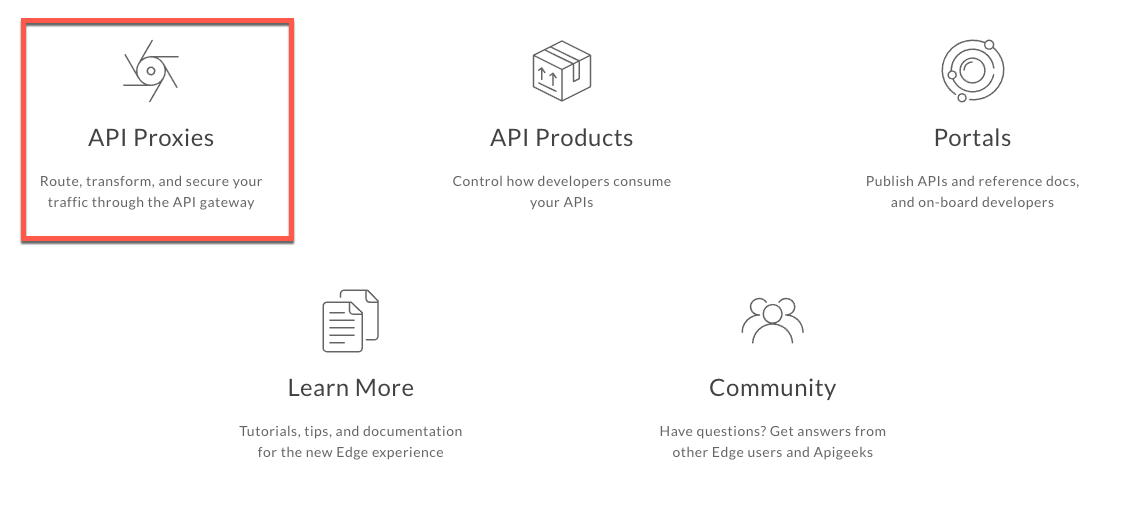 Clique em Proxies de API na página de destino