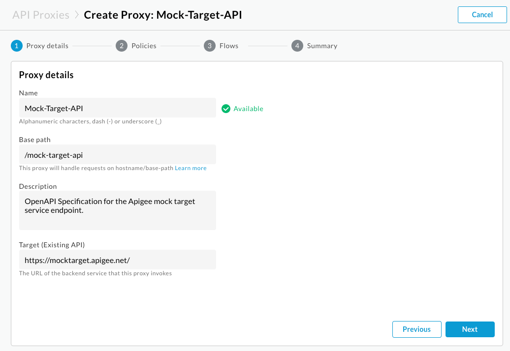 Página de detalles del proxy del asistente para crear proxy, con contenido rellenado previamente