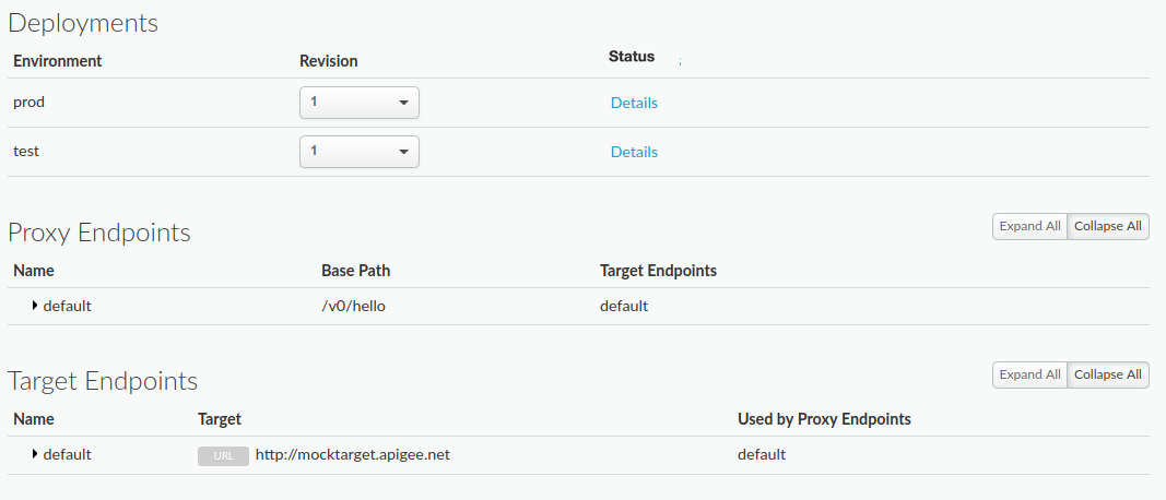 Detalles del proxy de la API, incluido el estado de la implementación por entorno, los detalles del endpoint del proxy y los detalles del endpoint de destino.