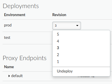 Esegui il deployment del proxy API nell'ambiente di test Sezione Deployment dei dettagli del proxy API con
il menu a discesa selezionato per l'ambiente di test.