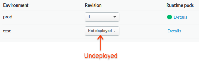 Proxy de API no desplegado Menú desplegable que muestra que el proxy de API se ha anulado en el entorno de prueba