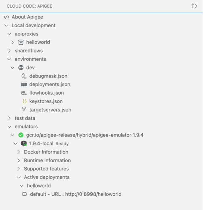 Emulatore Apigee che mostra l'applicazione helloworld di cui è stato eseguito il deployment e le risorse di test attive