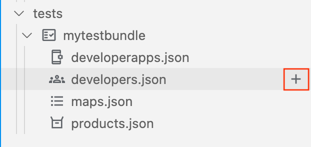 將游標懸停在 developers.json 上時，會顯示「+」