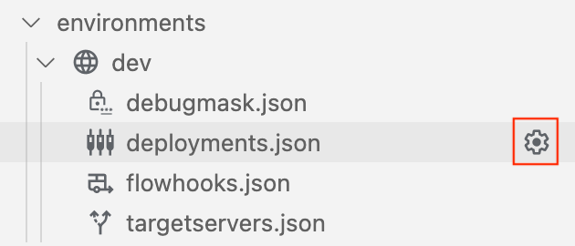 O ícone de definições é apresentado quando posiciona o cursor sobre a pasta deployments.json