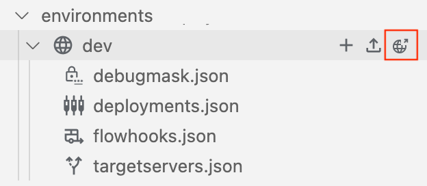 Ikon deploy ditampilkan saat Anda memosisikan kursor di atas folder lingkungan dev