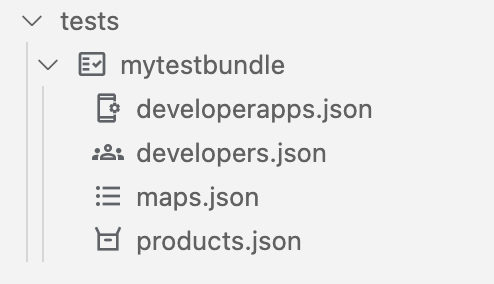 Carpeta de prueba con los archivos developerapps.json, developers.json, maps.json y products.json