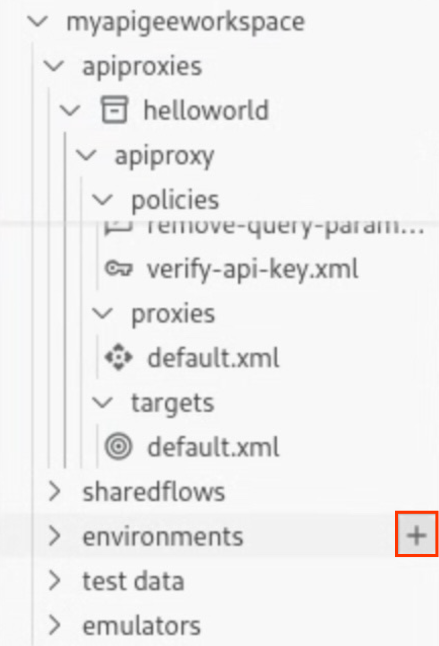 O sinal + é apresentado quando posiciona o cursor sobre a pasta environments