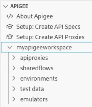 Sezione Apigee che mostra le cartelle dello spazio di lavoro Apigee, tra cui apiproxy, sharedflow, ambienti e test.