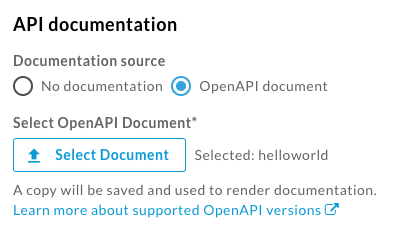 Secção de documentação da API ao adicionar uma API ao portal