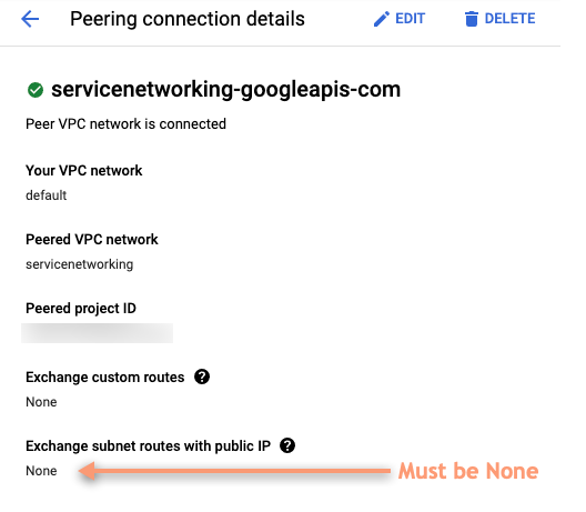 Visualizza i dettagli della connessione di peering in Cloud Console.