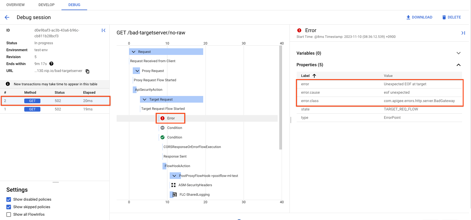 Debug session trace showing Unexpected EOF at target error with properties highlighted.