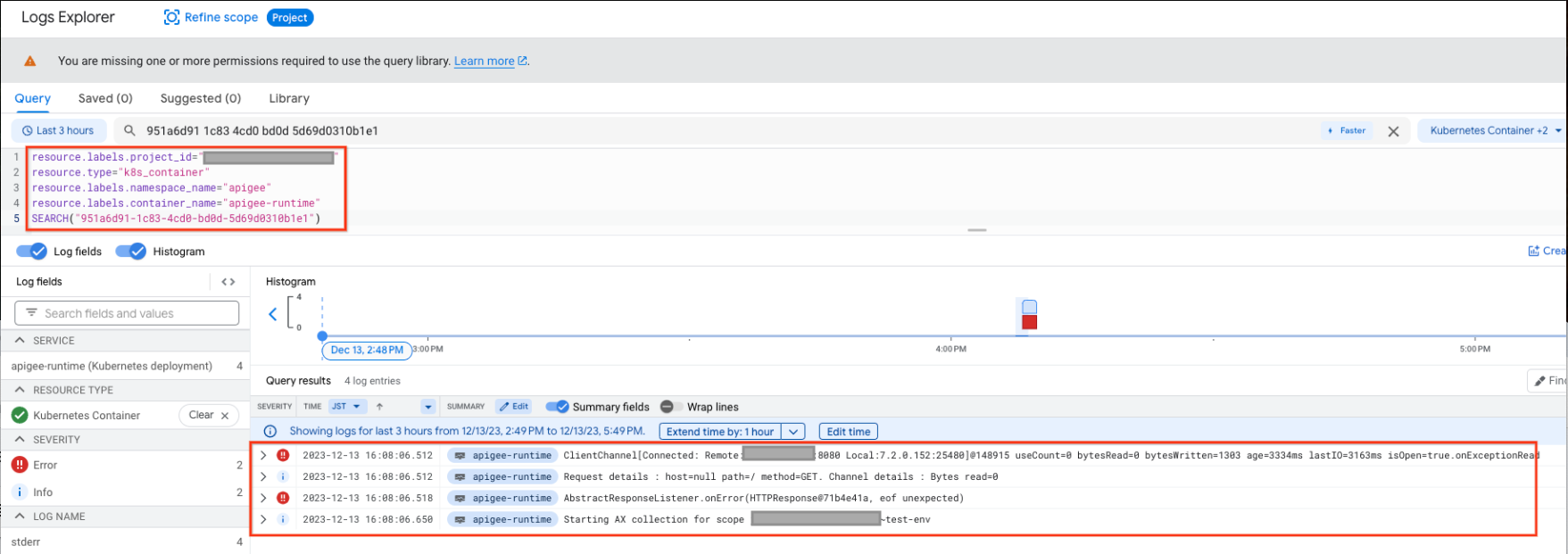 Logs Explorer showing EOF Exception