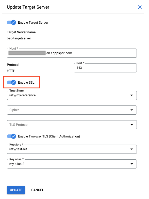 Update Target Server UI with Enable SSL toggled on