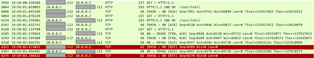 TCPDump showing a successful request followed by a FIN, ACK on connection reuse.