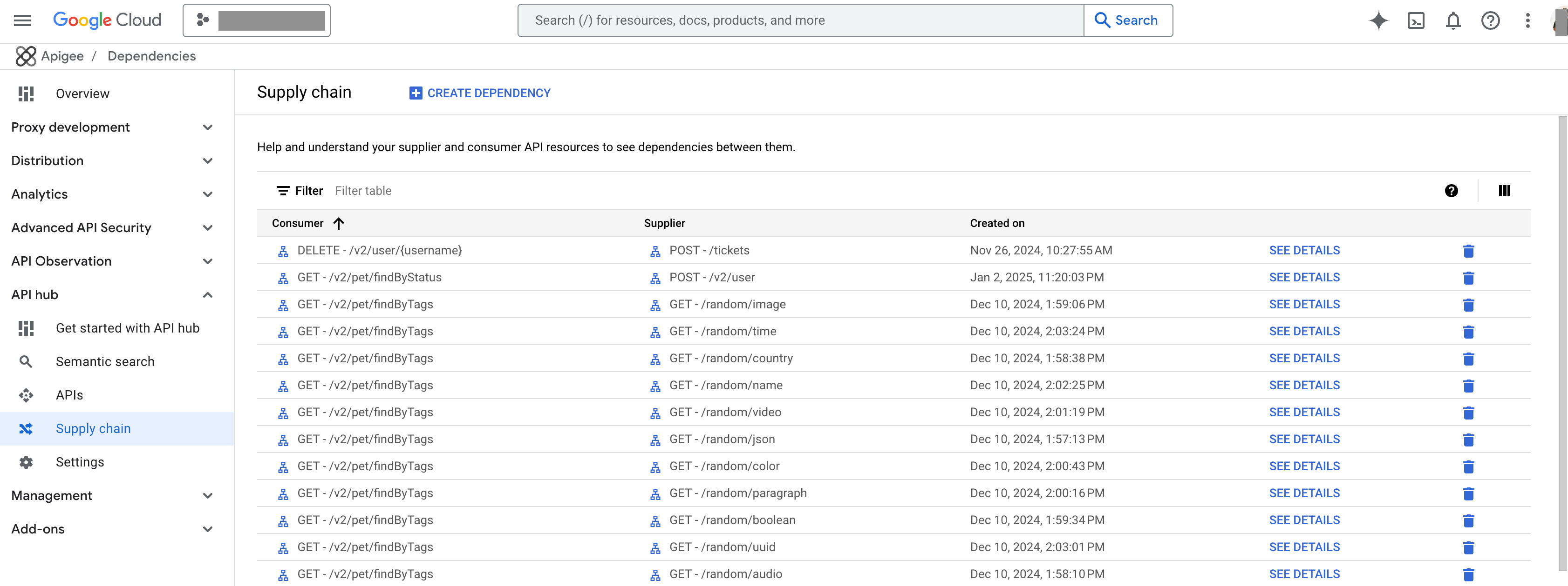 API supply chain list view