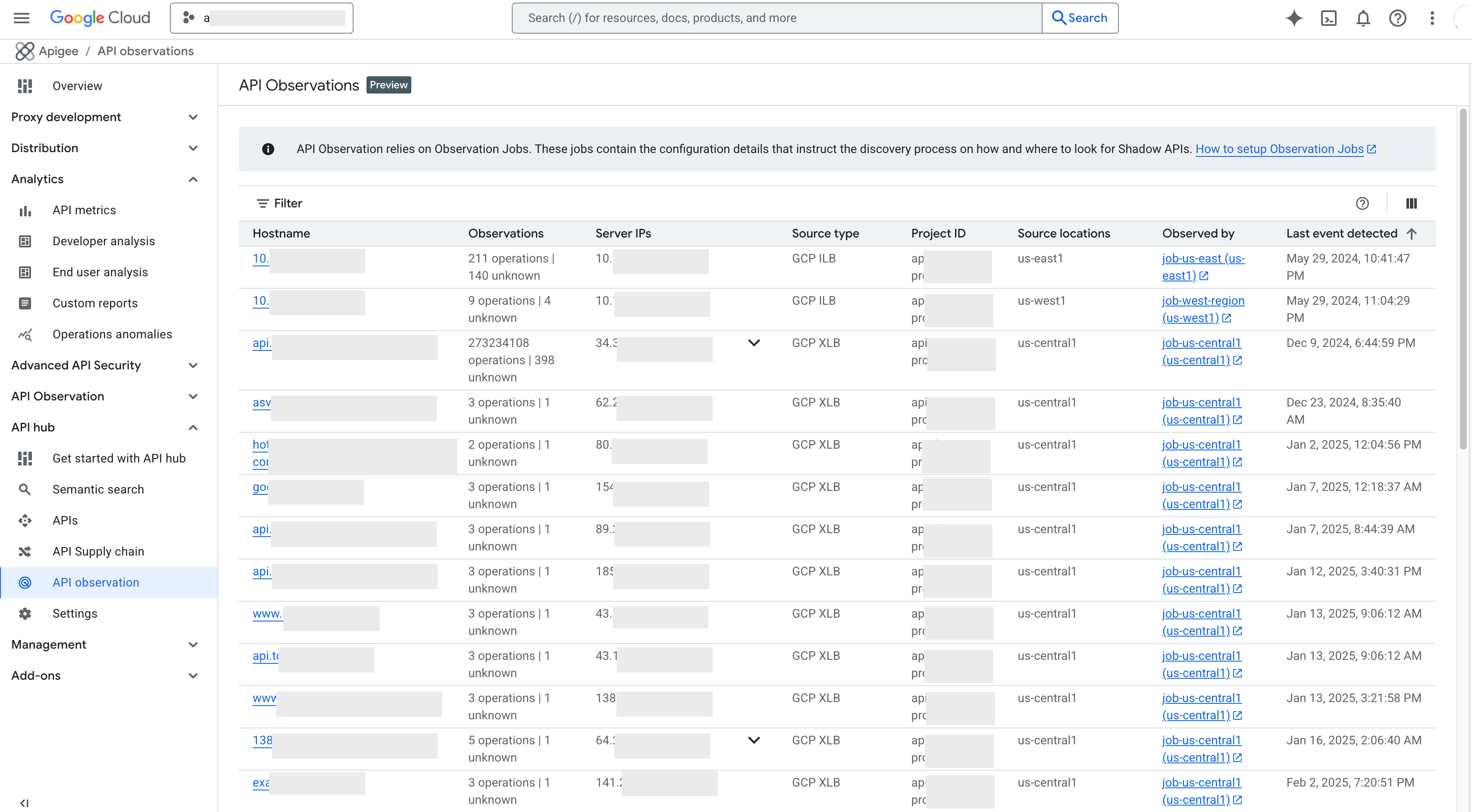 Screenshot of the API Observation page in the API hub console, showing the discovered API observations.