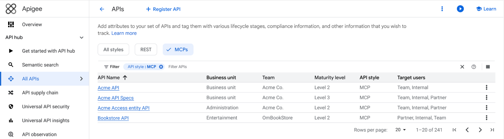 API list view with MCP filter tags highlighted