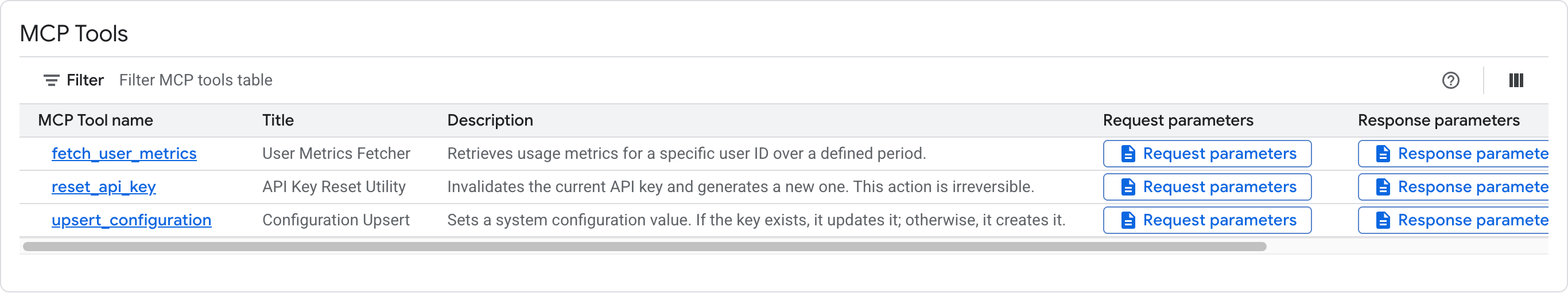 MCP tools section of the version details page