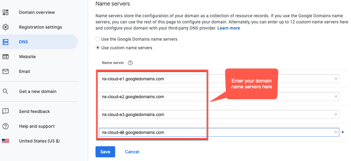 Server DNS della pagina del dominio Dominio Google, server dei nomi personalizzati evidenziati