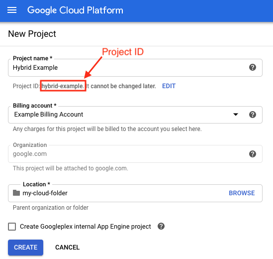 Project name Google Cloud new project with Project ID name highlighted.