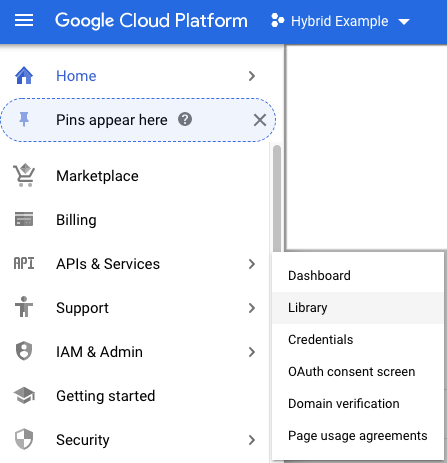 האפשרות Library (ספרייה) נבחרה אחרי שלוחצים על APIs & Services (ממשקי API ושירותים)