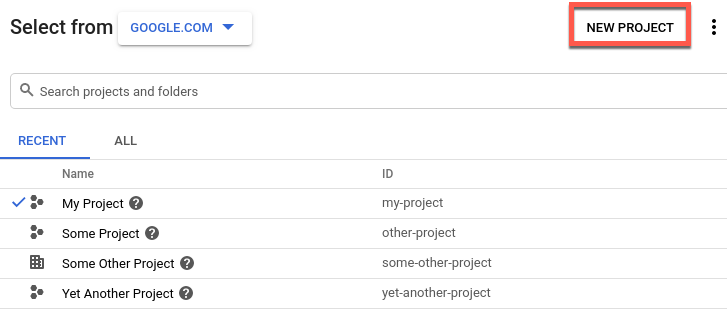 New project Google Cloud project selector with new project option highlighted.