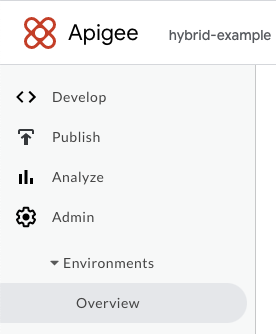 Admin, Environments, Overview option The Apigee hybrid UI menu showing Admin, Environments, Overview expanded