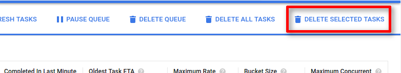 The Delete
selected tasks button is the last in the list of actions at the top
right of the page.