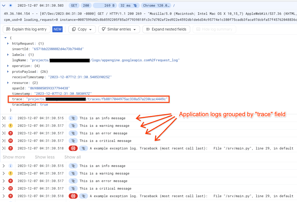 應用程式記錄項目會巢狀內嵌在要求記錄項目中。