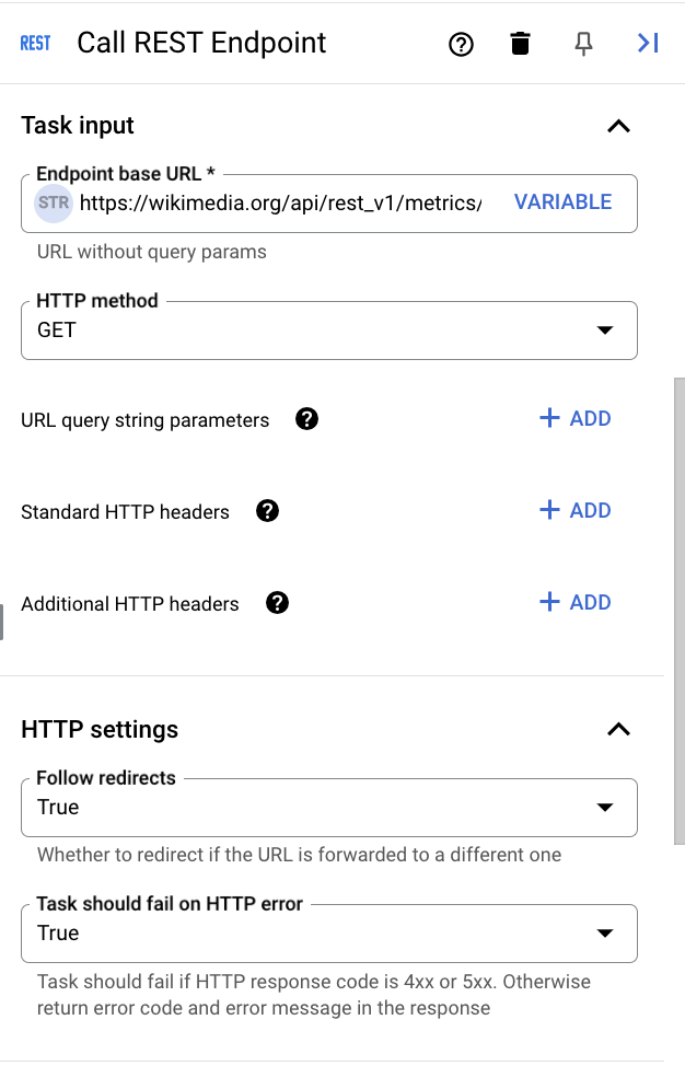 Entrada de la tarea de llamada al endpoint REST