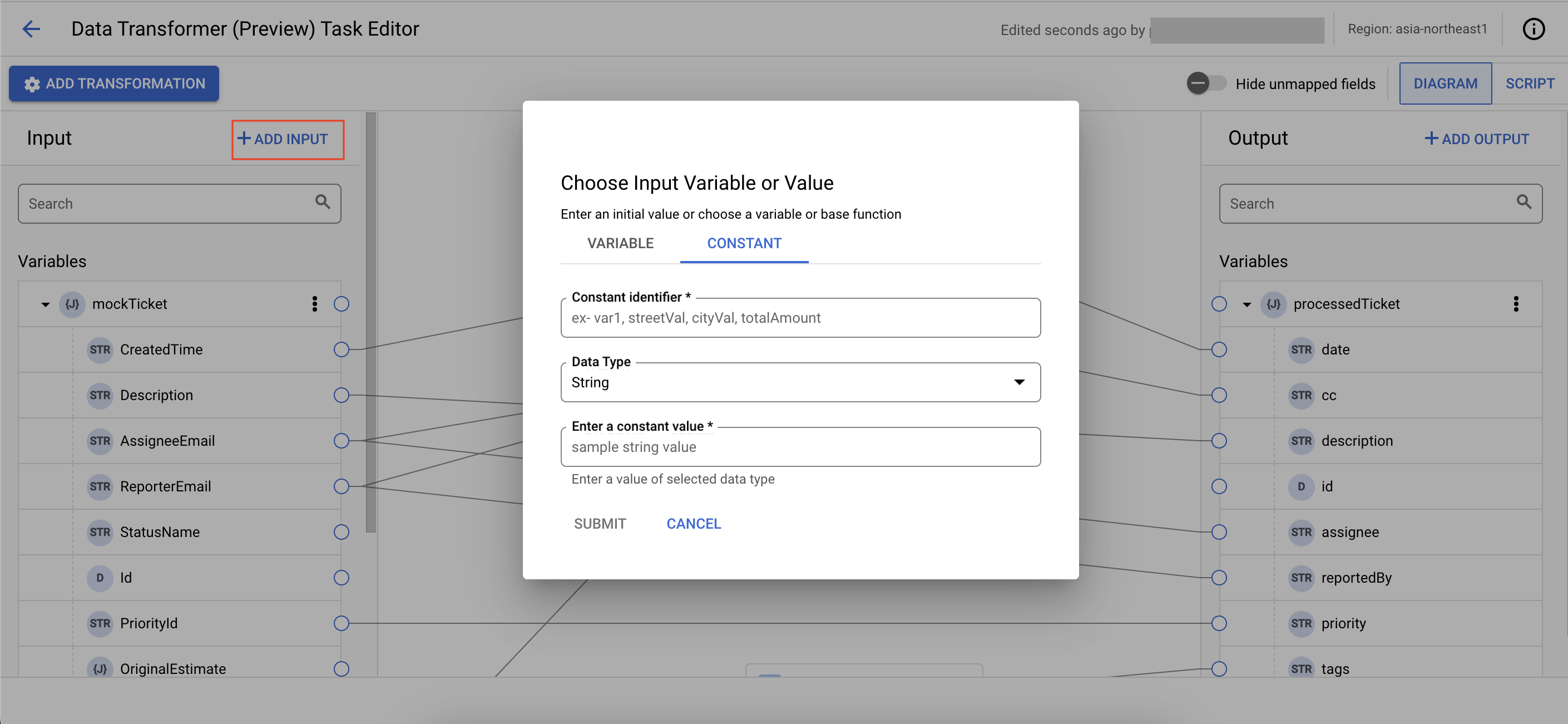 image montrant l'ajout d'une constante dans Data Transformer