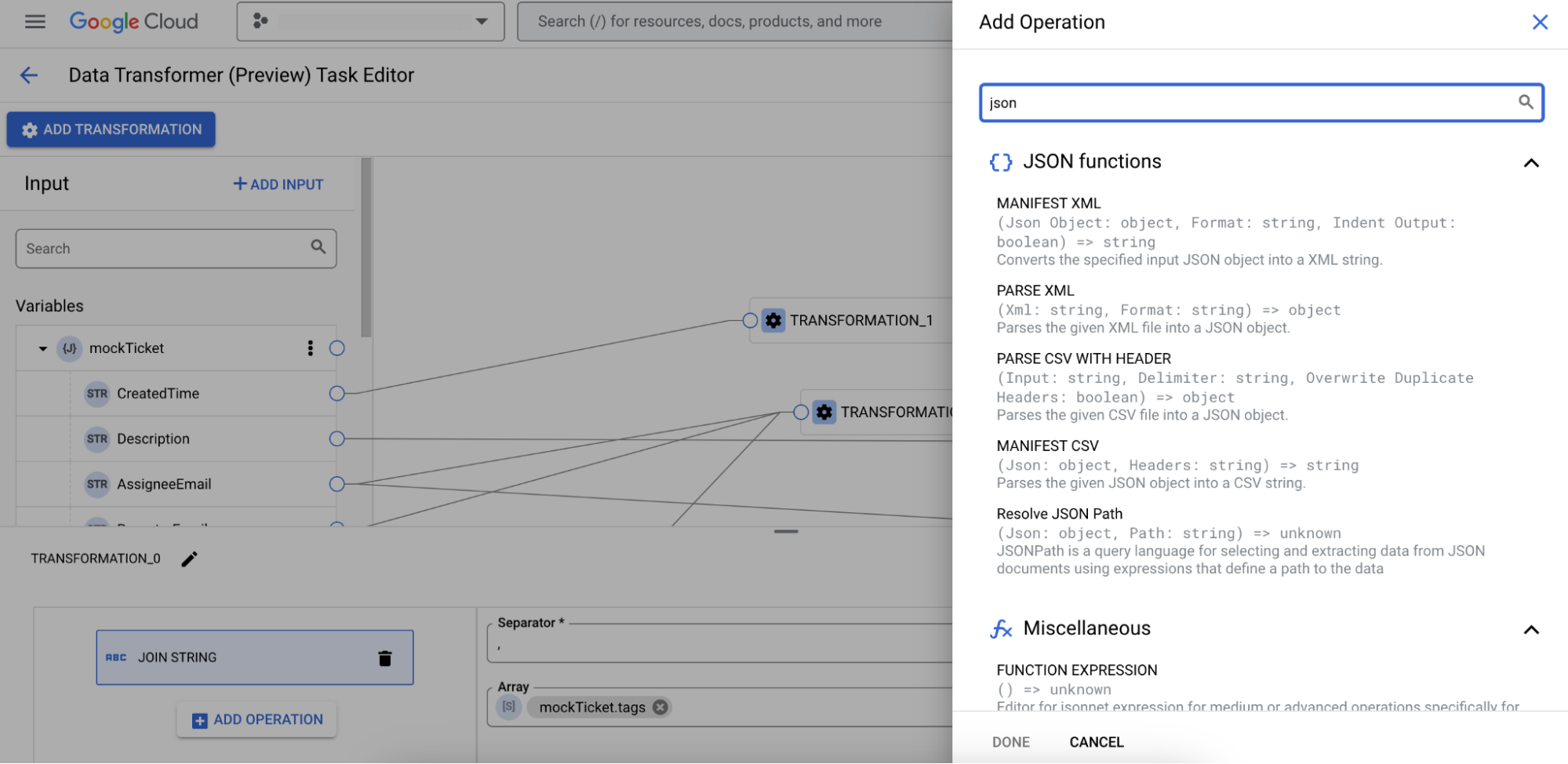 Imagen que muestra las operaciones de transformación de datos
