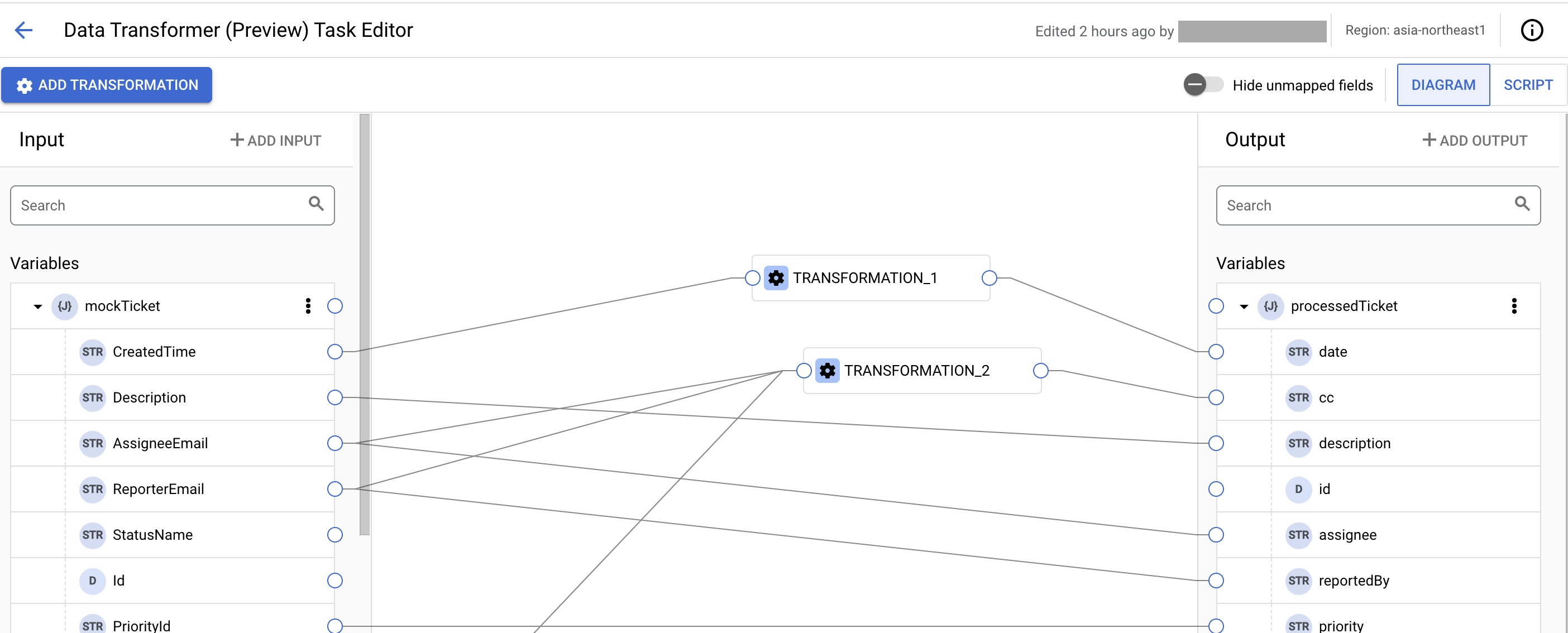 Immagine che mostra la modalità Diagramma di Data Transformer