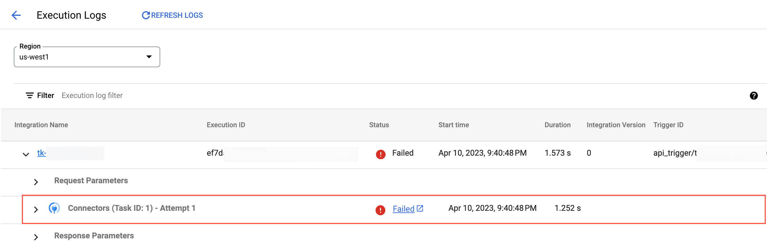 Imagen que muestra los registros de una tarea de conector fallida