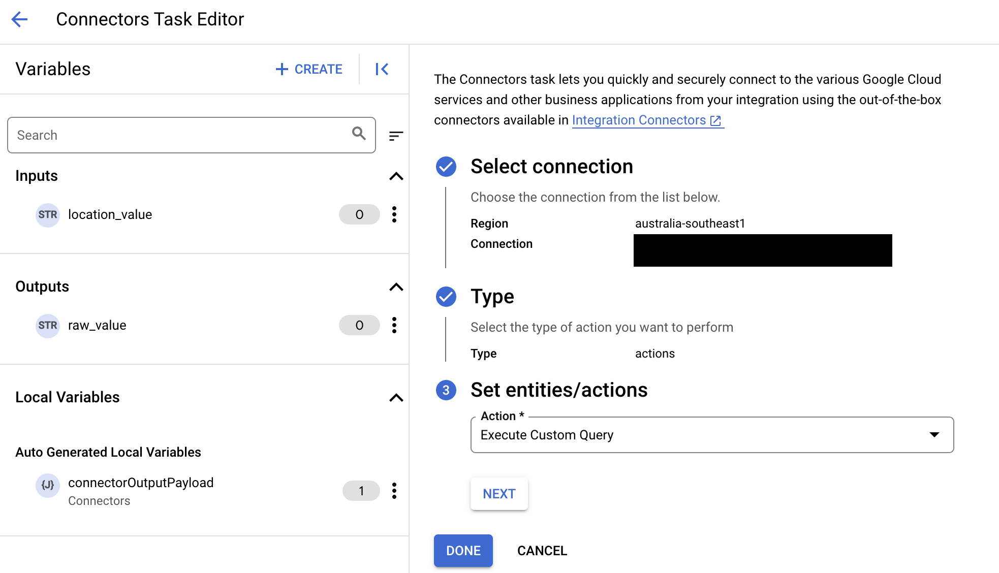 Gambar yang menampilkan tindakan execute-custom-query