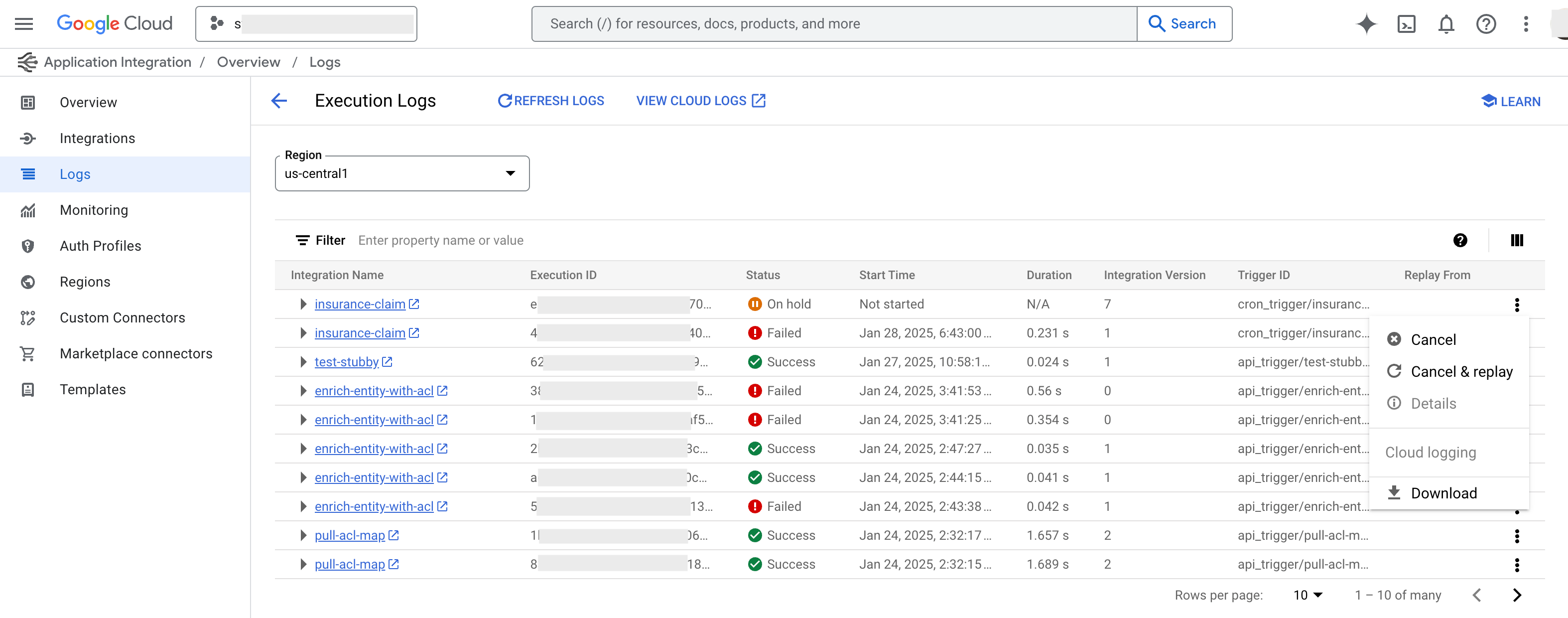 Immagine che mostra la pagina dei log di esecuzione di Application Integration