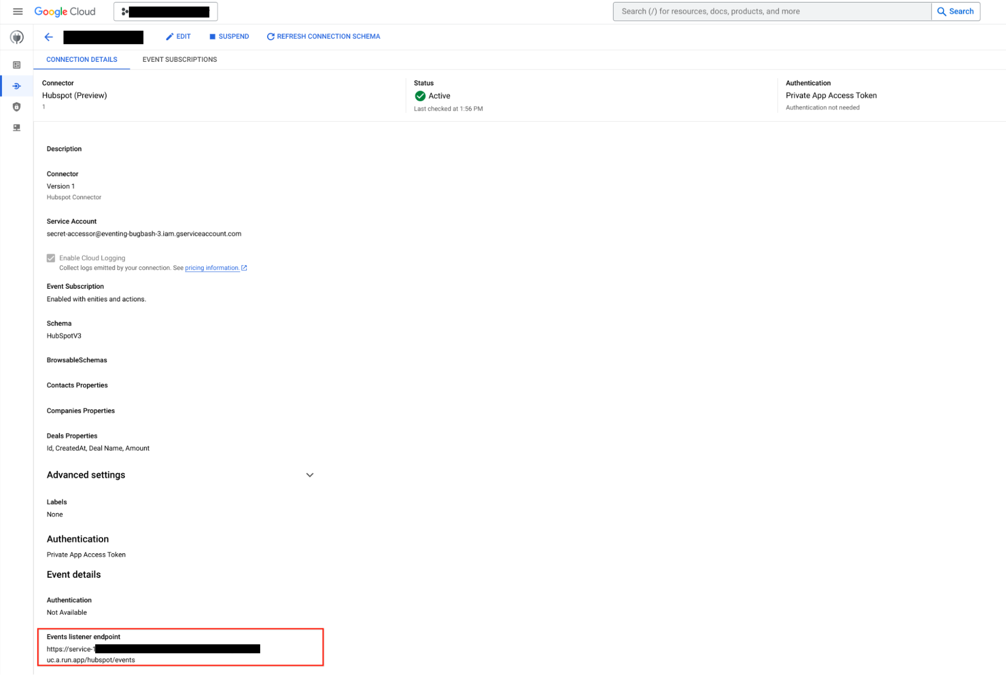image montrant la page des détails de la connexion HubSpot