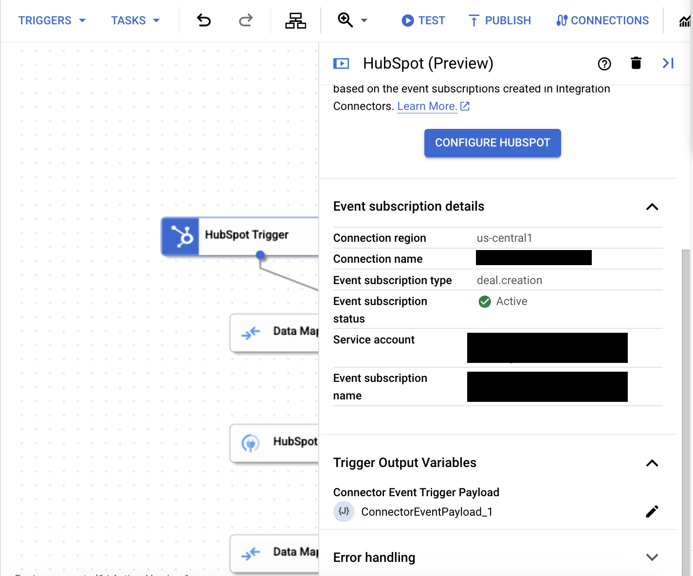 Immagine che mostra il riquadro di configurazione del trigger HubSpot