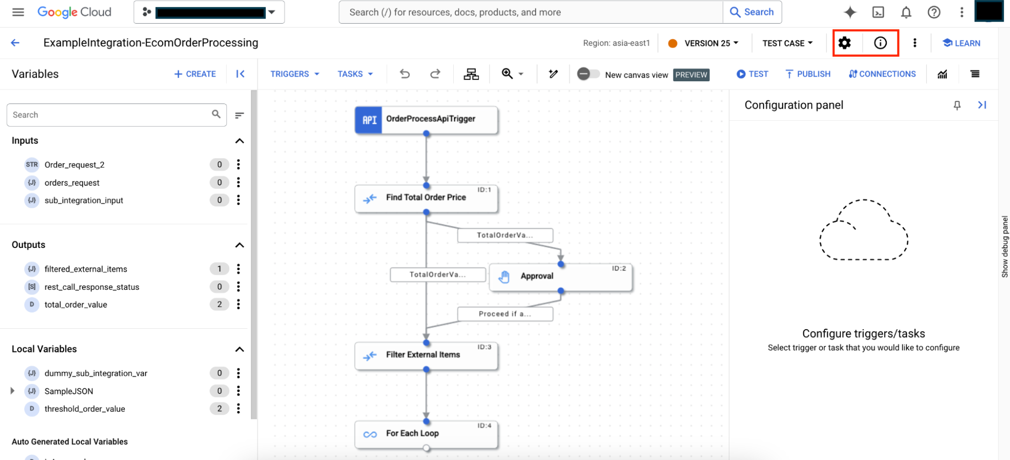 Imagem mostrando as configurações de integração