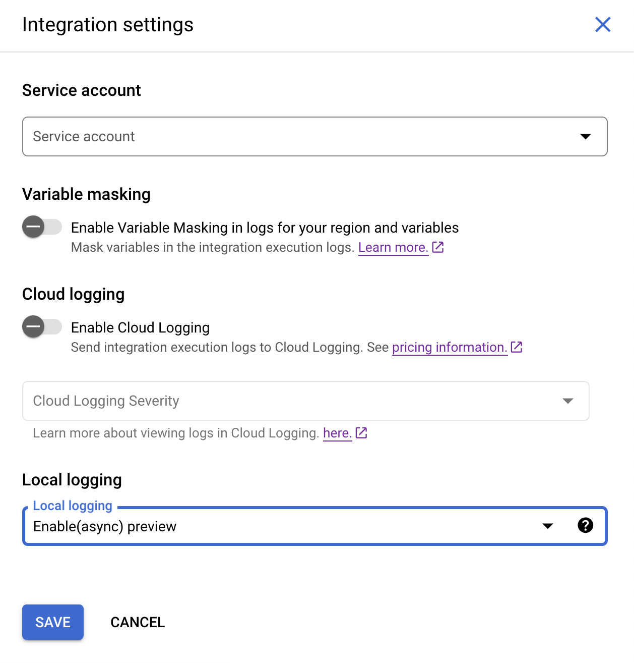 Immagine che mostra la finestra di dialogo delle impostazioni di integrazione